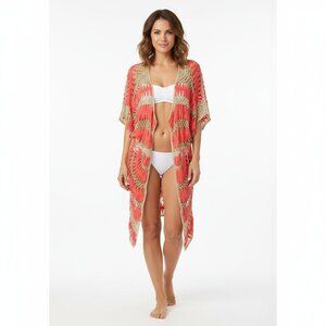 2B Bebe Red and Gold Crochet Shawl Coverup - SZ Small - Stylish Oversized Fit